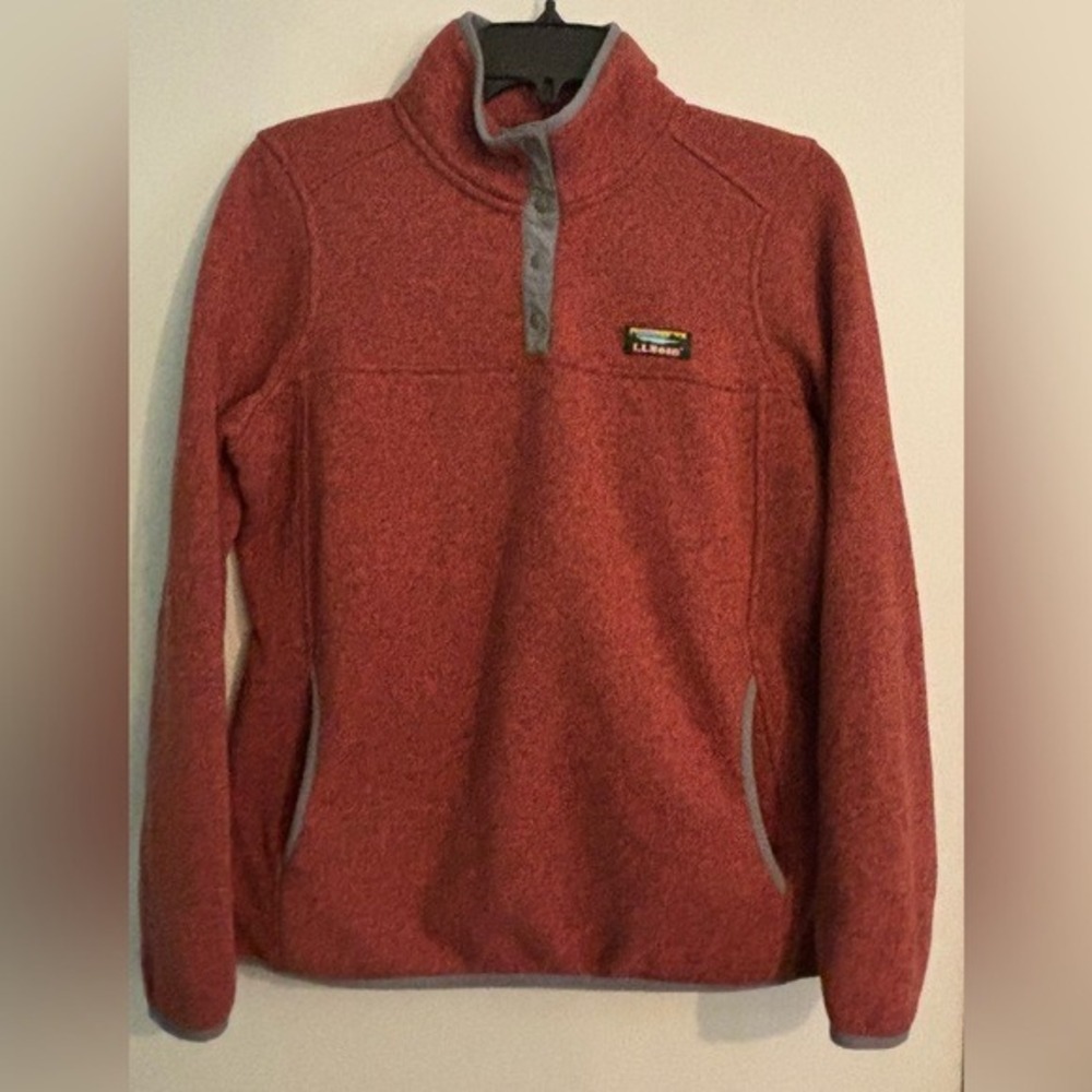 L. L.‎ Bean Womens Petite Med 1/4 Snap Pullover Orange Gray Trim Kangaroo Pocket